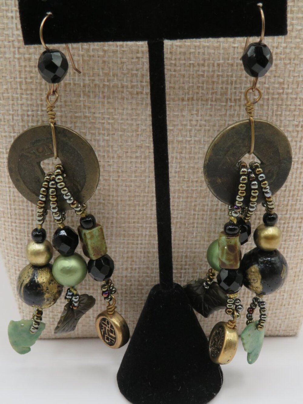 Boho Asian Chandelier Style Green Black Gold Beaded Earrings